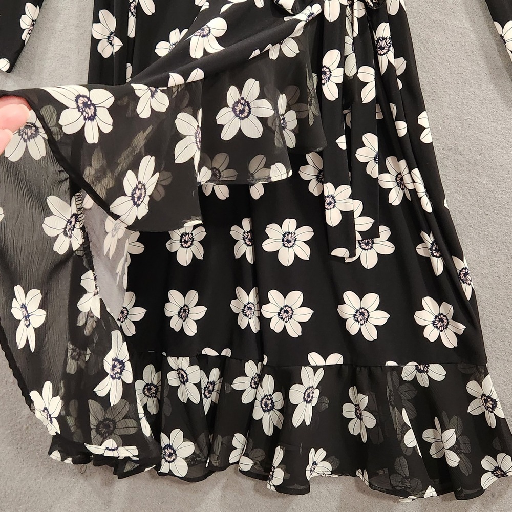 Tommy Hilfiger Womens‎ Black White Dress 10 Floral Ruffle Faux Wrap 3/4 Sleeve - Picture 6 of 11